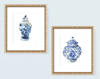 Wall Art Prints Watercolor Blue Chinoiserie Ginger Jars Set of 2 by Michelle Mospens