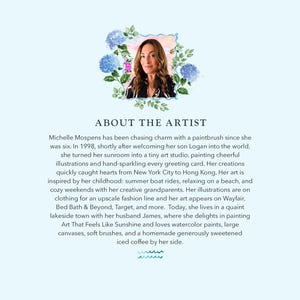 May include: A portrait of artist Michelle Mospens framed by blue hydrangea illustrations, followed by the text ABOUT THE ARTIST and a biography detailing her career, inspirations, and creative process, ending with a small blue watercolor wave graphic.