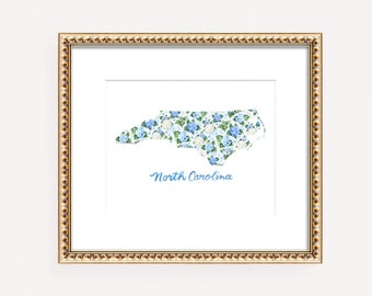 North Carolina Wall Art Print with Blue Hydrangea Flowers and Greenery by Artist Michelle Mospens
