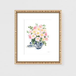 Floral Chinoiserie Wall Art Ginger Jar Floral Painting Botanical Wall Art Blue Wall Decor for Living Room Watercolor Wall Art Print