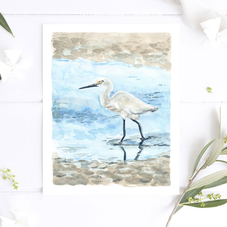 May include: Watercolor painting of a white egret standing in shallow blue water. The egret has a long, thin beak and long, slender legs. The water is a light blue color and the background is a light brown color.