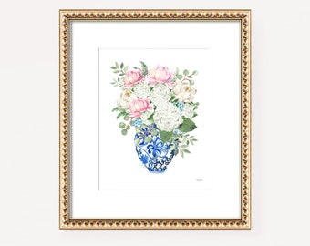 Hydrangea Art Print, Blue and White Chinoiserie Ginger Jar Art, Grandmillennial Wall Art, Watercolor Hydrangea Painting by Michelle Mospens