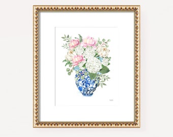 Hydrangea Print, Hydrangea Art, Hydrangea Painting, Ginger Jar Print, White Hydrangea Print, Hydrangea Blue and White Chinoiserie Print