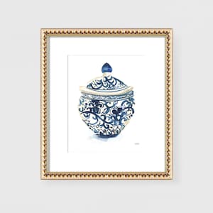 Chinoiserie Wall Art Ginger Jar Art Blue & White Chinoiserie Ginger Jar Vase Watercolor Painting Wall Art Print