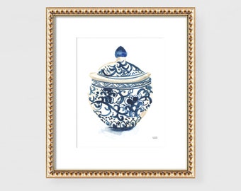 Chinoiserie Wall Art Ginger Jar Art Blue & White Chinoiserie Ginger Jar Vase Watercolor Painting Wall Art Print