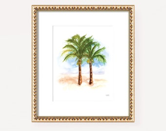 Palm Tree Art Print, Watercolor Palm Trees Beach Coastal Wall Art Print by Michelle Mospens, Palm Tree Watercolor, Palm Trees Art