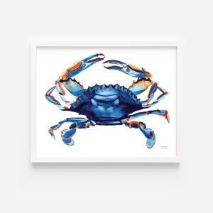 May include: Watercolor painting of a blue crab with orange and white accents. The crab is depicted in a realistic style with detailed claws and legs.