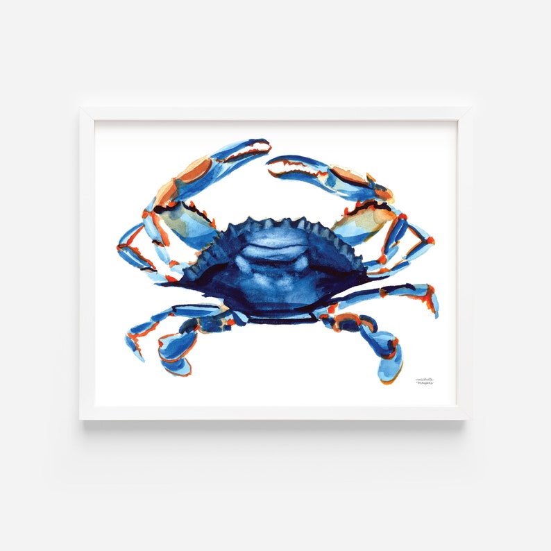 May include: Watercolor painting of a blue crab with orange and white accents. The crab is depicted in a realistic style with detailed claws and legs.
