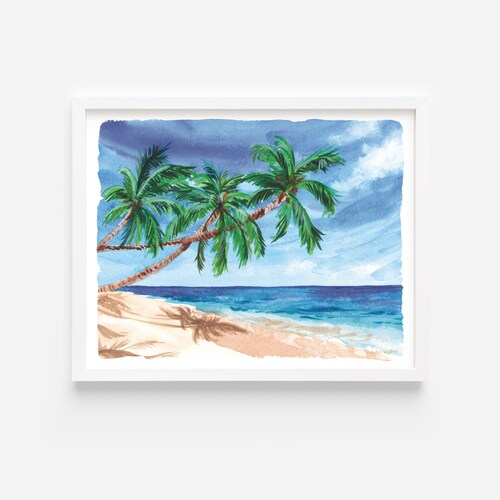 Ocean Wall Art Ocean Palm Trees Watercolor Painting Beach Etsy