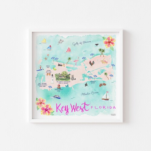 Art de Key West, carte de Key West, tableau de Key West, décoration de Key West, affiche de Key West, impression de carte de voyage, impression d'art carré des clés