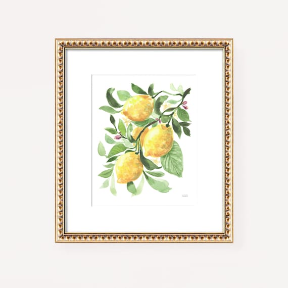 Cute Lemon Wall Art Print, Watercolor Lemon Painting by Michelle Mospens, Amalficore Italian Amalfi Coast Lemons Kitchen Wall Decor Gift