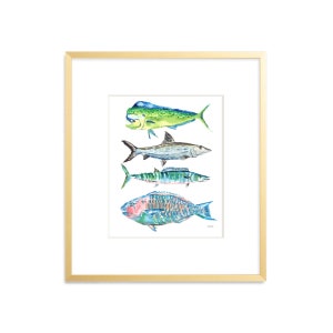 Puede incluir: Una pintura de acuarela de cuatro tipos diferentes de peces. Los peces est&aacute;n dispuestos verticalmente, con el pez m&aacute;s grande en la parte superior y el pez m&aacute;s peque&ntilde;o en la parte inferior. Los peces est&aacute;n todos pintados en tonos de azul, verde y rosa.