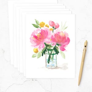 Tarjetas de notas con diseño de peonías en acuarela, arte floral original, juego de papelería botánica, tarjetas en blanco / Michelle Mospens