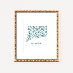 Connecticut Art Painting Connecticut Dorm Room Decor State Art Trendy Wall Art Print - Watercolor Blue Floral Hydrangea Connecticut Print