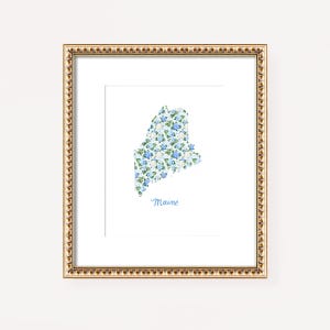 Maine Illustrated Wall Art, Watercolor Maine State Shape with Blue Hydrangeas and Hand Lettering, Maine New Home State Dorm Room Art Print
