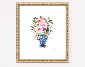 Ginger Jar Print Chinoiserie Wall Art Floral Painting Botanical Wall Art Blue Wall Decor for Living Room Watercolor Wall Art Print