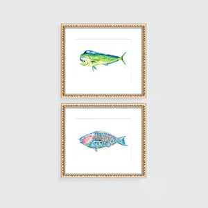 May include: Two framed watercolor prints of fish. The top print features a green and yellow mahi-mahi. The bottom print shows a colorful parrotfish. Both prints are in gold ornate frames, perfect for coastal decor.