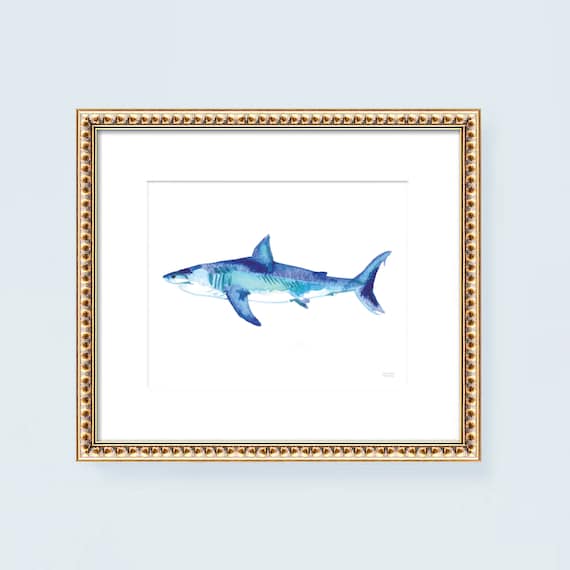 Watercolor Shark Art Print: Coastal Beach House Wall Decor
