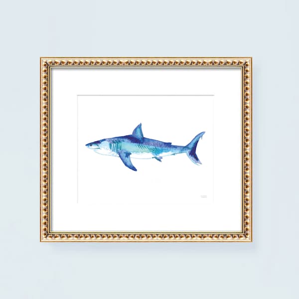 Watercolor Shark Art Print: Coastal Beach House Wall Decor