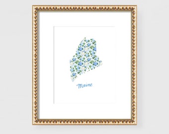 Maine State Art Unique Housewarming Military Gift Home State Wall Art Hydrangea Flowers and Calligraphy Lettering