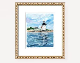 Coastal Wall Art Modern Lighthouse Painting Blue & White Summer Art Beach Decor, Lighthouse Art Print, Nantucket Massachusetts Gift