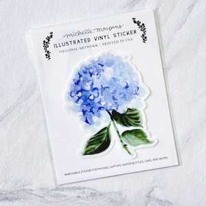 Cute Hydrangea Sticker, Watercolor Blue Hydrangea Flower Stickers by Michelle Mospens, Sticker to Decorate Your Phone, Waterbottle, Laptop image 1