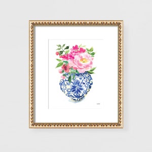 Chinoiserie Wall Art, Chinoiserie Art, Ginger Jar Art, Peony Wall Art, Blue and White Vase Ginger Jar Print, Trendy Wall Art For Living Room