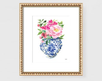 Chinoiserie Wall Art, Chinoiserie Art, Ginger Jar Art, Peony Wall Art, Blue and White Vase Ginger Jar Print, Trendy Wall Art For Living Room