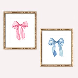 Trendy Bow Wall Art Print, Cute Preppy Wall Art, Pink and Blue Bow Watercolor Girly Room Aesthetic Coquette Decor, College Apartment Decor