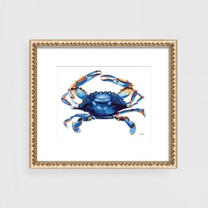 May include: A watercolor painting of a blue crab with orange and white markings. The crab is depicted in a realistic style and is set against a white background.