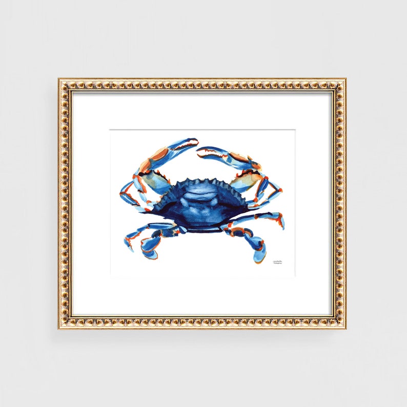 May include: A watercolor painting of a blue crab with orange and white markings. The crab is depicted in a realistic style and is set against a white background.