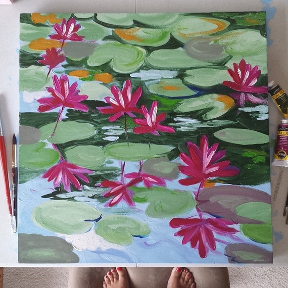 24x24 Painting Lily Pads Pond Large Lily Pads Pond Wall Art Etsy