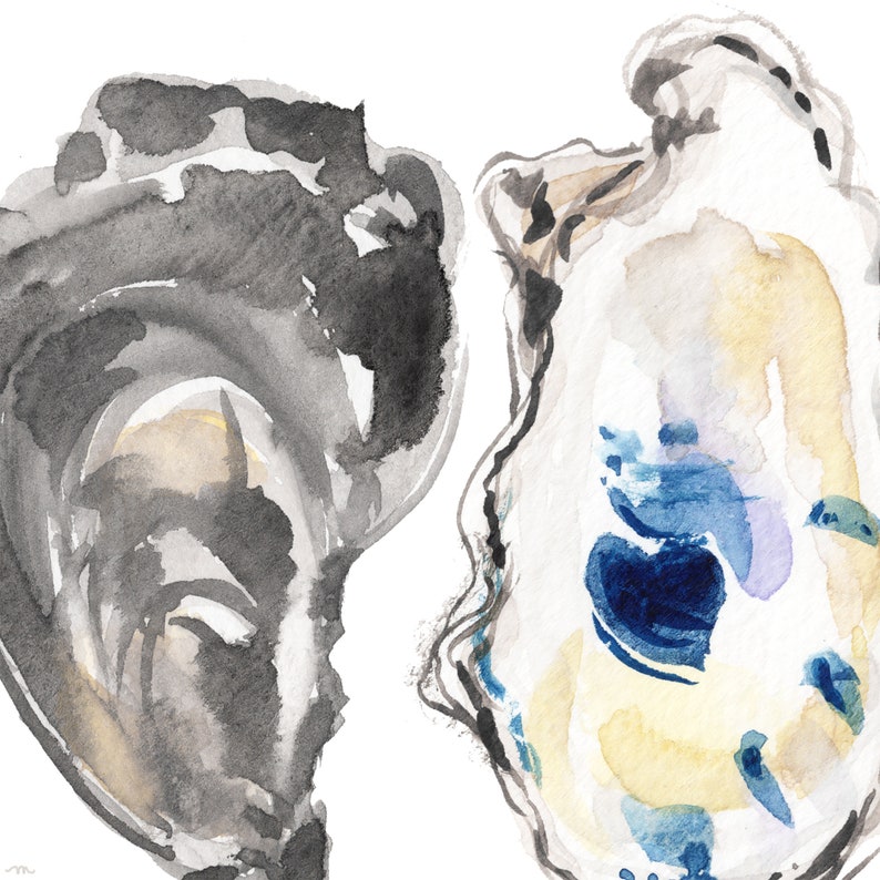 May include: Two watercolor paintings of oyster shells. One shell is painted in shades of gray and white, while the other is painted in shades of blue, yellow, and white.