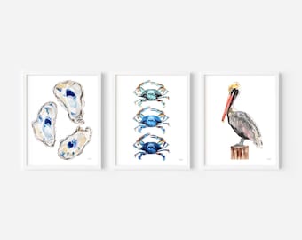 Coastal Watercolor Art Print Set of 3: Pelican, Crabs, Oyster Shells