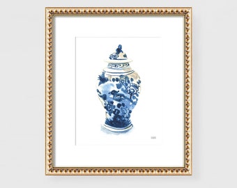 Ginger Jar Watercolor Print: Grandmillennial Chinoiserie Art