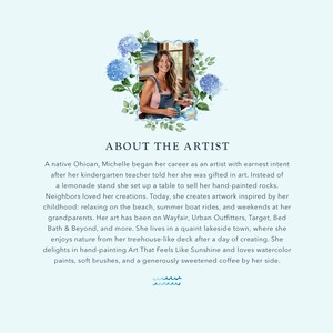 May include: An image featuring a watercolor illustration of a woman surrounded by blue flowers and greenery. The text "ABOUT THE ARTIST" is displayed below, along with a description of the artist's background and inspiration.