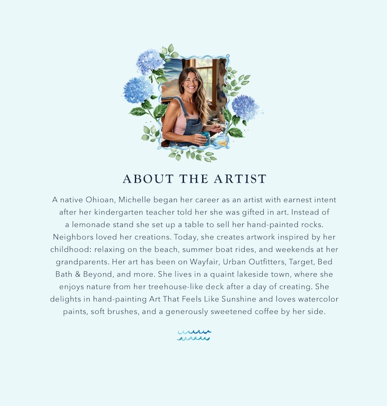 May include: An image featuring a watercolor illustration of a woman surrounded by blue flowers and greenery. The text "ABOUT THE ARTIST" is displayed below, along with a description of the artist's background and inspiration.