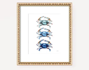 Blue Crabs Print Watercolor Painting Nautical Coastal Beach Art Seaside Decor Maryland Blue Crab