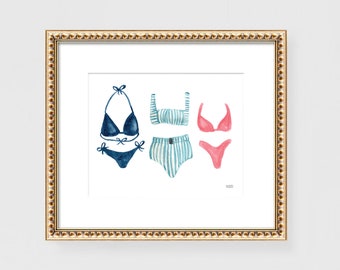 Swim Suit Art Print: Watercolor Bathing Suits Watercolor by Artist Michelle Mospens, Cute Beach House Art Coastal Wall Decor Apartment Decor