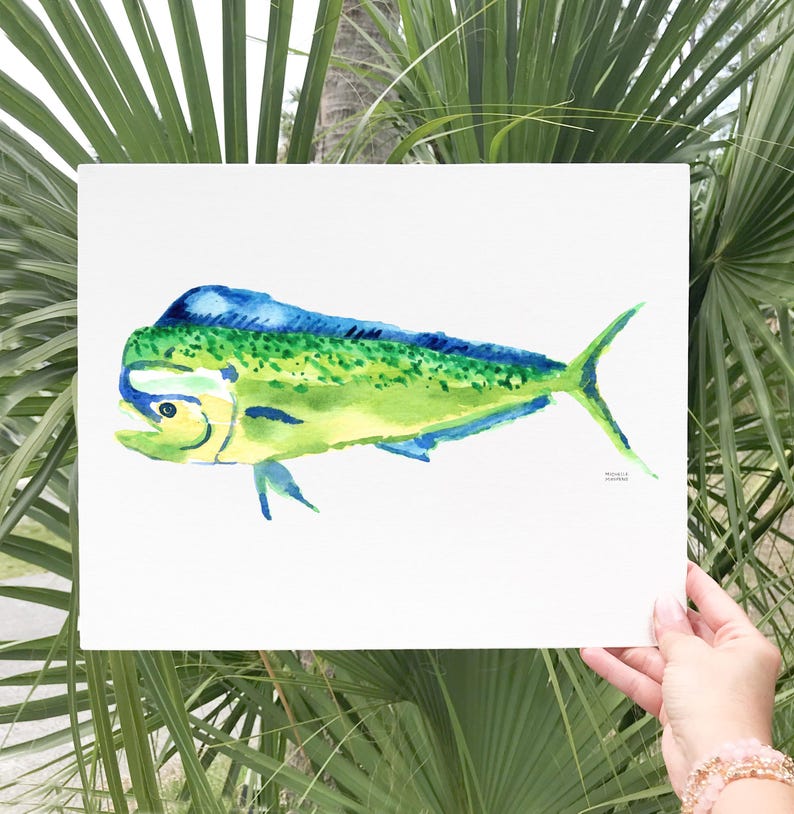 May include: Watercolor painting of a mahi-mahi fish. The fish is depicted in shades of green, blue, and yellow, with a detailed rendering of its fins and scales. The artwork is on white paper, held against a backdrop of green palm leaves.