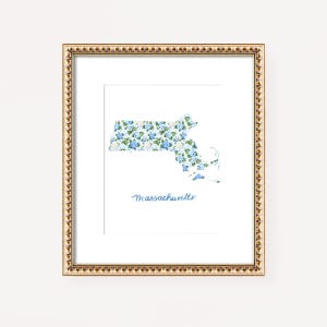 Massachusetts Illustrated Wall Art Massachusetts State - Watercolor Hydrangeas and Lettering Massachusetts New Home Gift Dorm Room Art Print