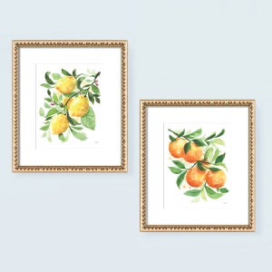 Lemons Oranges Watercolor Painting Fruit Artwork Citrus Yellow and Green Modern Kitchen Wall Art Watercolor Fruit Art Prints Set of 2