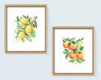 Lemons Oranges Watercolor Painting Fruit Artwork Citrus Yellow and Green Modern Kitchen Wall Art Watercolor Fruit Art Prints Set of 2