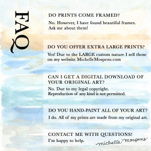Puede incluir: FAQ sobre impresiones, enmarcado, impresiones extra grandes, descargas digitales y arte pintado a mano. El texto incluye el sitio web del artista, MichelleMospens.com, y una firma, "michelle Mospens".