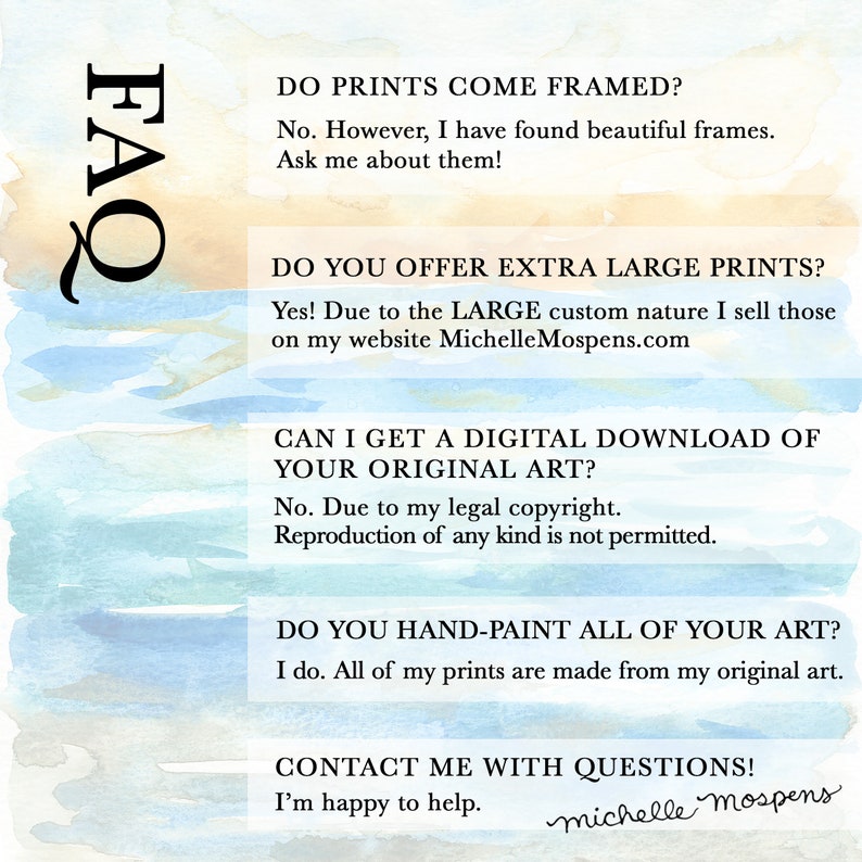 Puede incluir: FAQ sobre impresiones, enmarcado, impresiones extra grandes, descargas digitales y arte pintado a mano. El texto incluye el sitio web del artista, MichelleMospens.com, y una firma, "michelle Mospens".