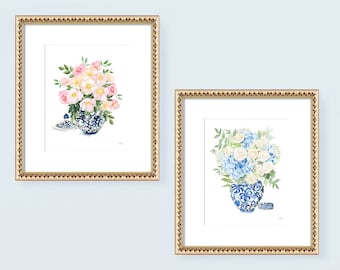 GINGER JARS Wall Art, Grandmillennial Wall Art Set of 2 Prints, Unique Chinoiserie Wall Art, Watercolor Pastel Floral Botanical Artwork