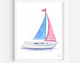 Cute Sailboat Print Coastal Wall Art Beach House Art Sailboat Print Pink and Blue Decor Modern Nautical Nursery Sailboat Art Print