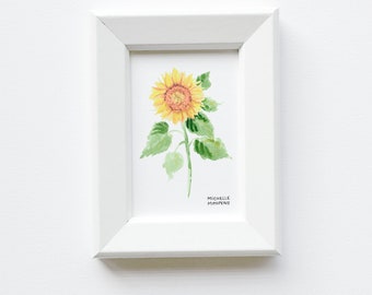 CUTE MINI SUNFLOWER Print, Small Botanical Framed Art, Tiny Watercolor Floral Print by Michelle Mospens, Gardener Gift, Nature Lover Gift