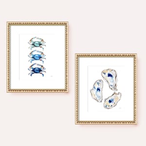 Coastal Wall Art, Coastal Artwork, Oyster Shells and Blue Crabs Prints, Watercolor Coastal Kitchen Decor, Beach House Art, East Coast Art