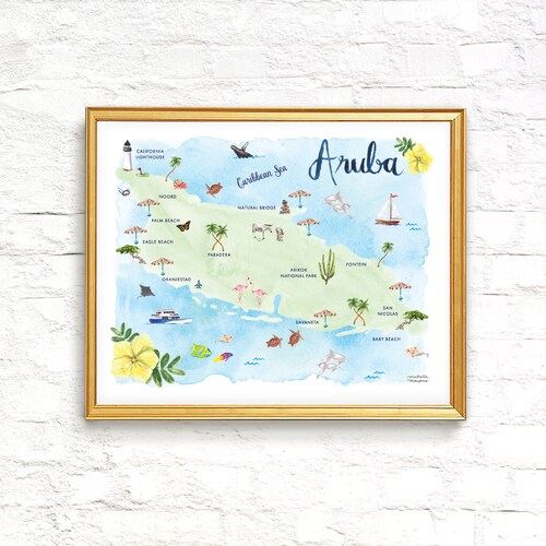 Aruba Map Art Aruba Watercolor Print Aruba Wall Decor Aruba Etsy
